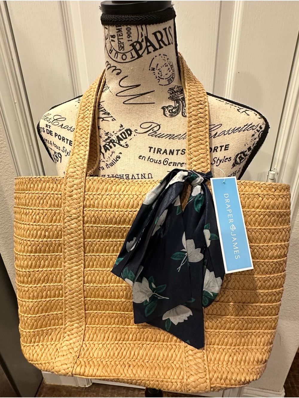 Draper James Tan Straw Tote with Navy Floral Scarf